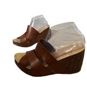 Blowfish Brown Crisscross wedge slip on cork sandals